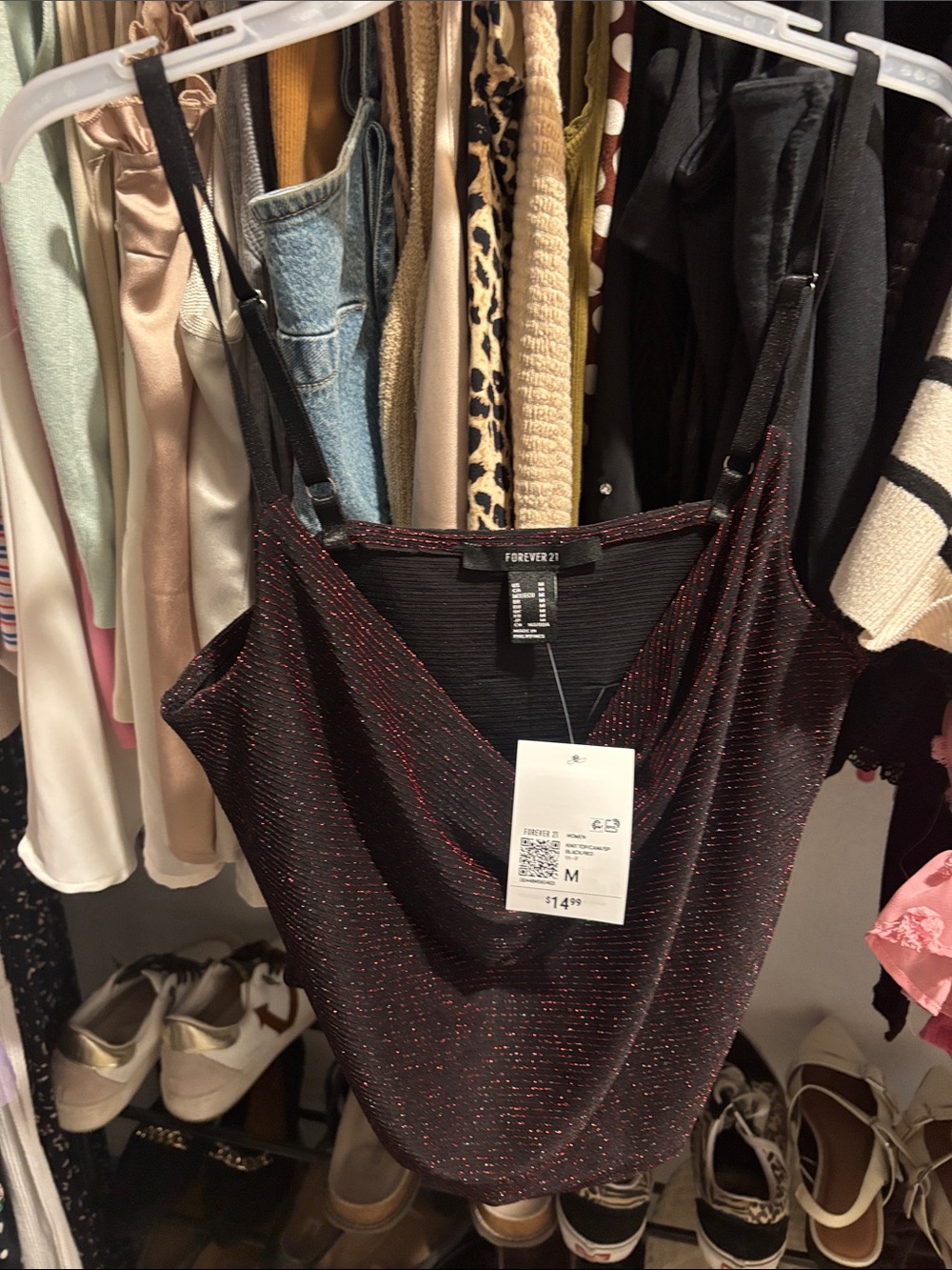 Forever 21 Black Tank Top with Red Metallic Threads
